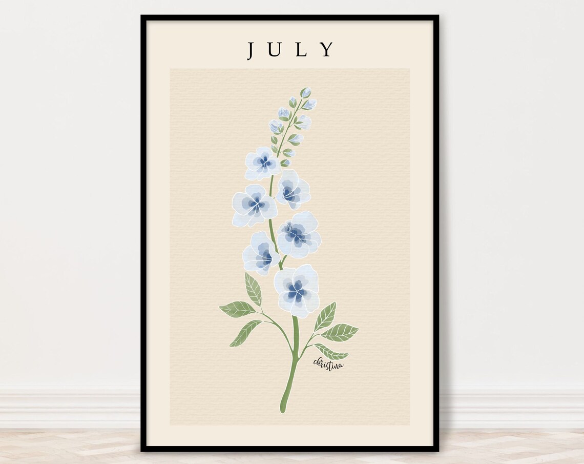 July Larkspur Birth Month Flower Watercolor Botanical Art Poster