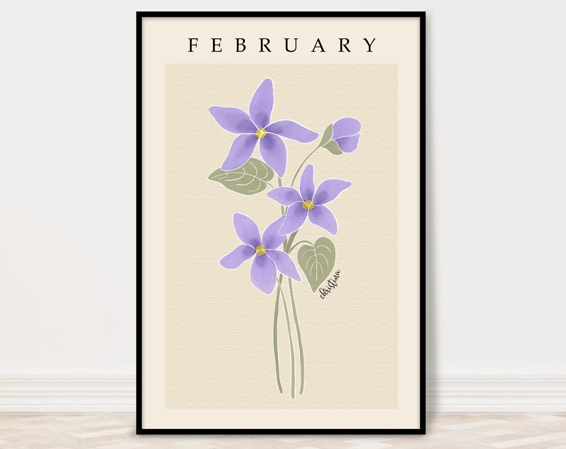 February Violet Birth Month Flower Watercolor Botanical Poster
