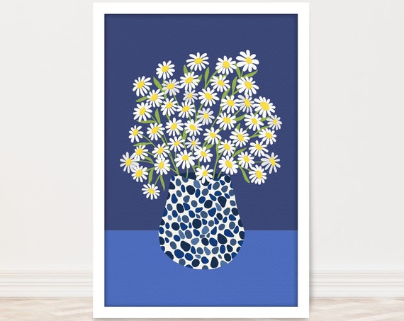 Daisy Flowers In A Vase Print White And Blue Botanical Floral Wall Art Flower Market Poster 5x7 8x10 11x14 16x20 18x24 24x36