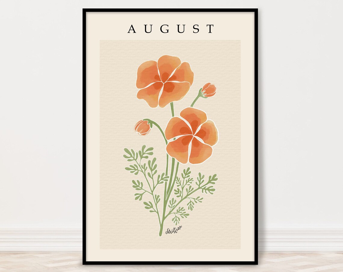 August Birth Month Flower Orange Poppy Botanical Artwork Poster