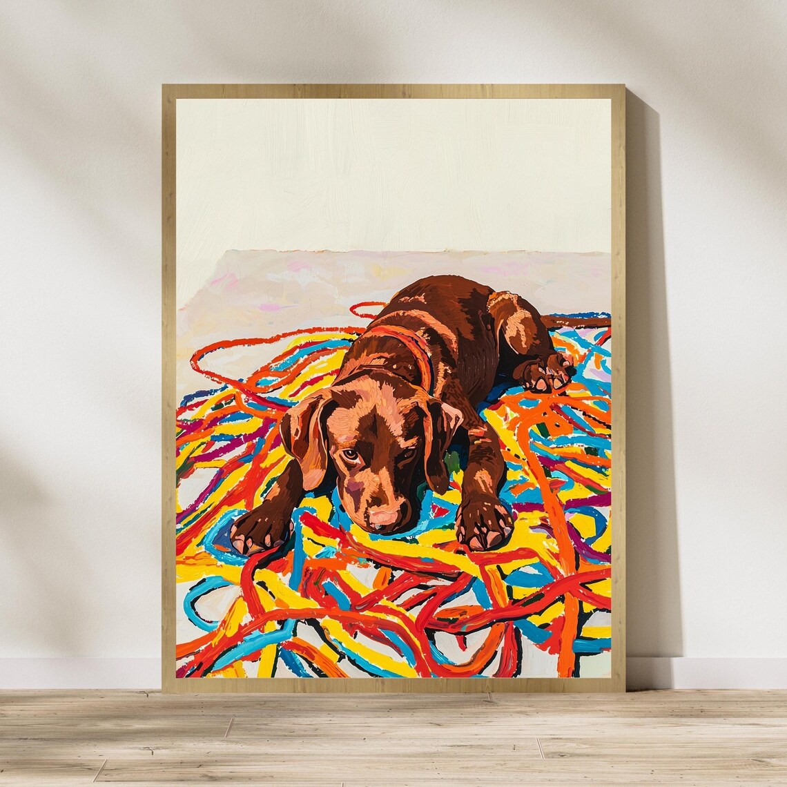Playful Chocolate Dog Tangled In Bright Colorful Ribbons Poster