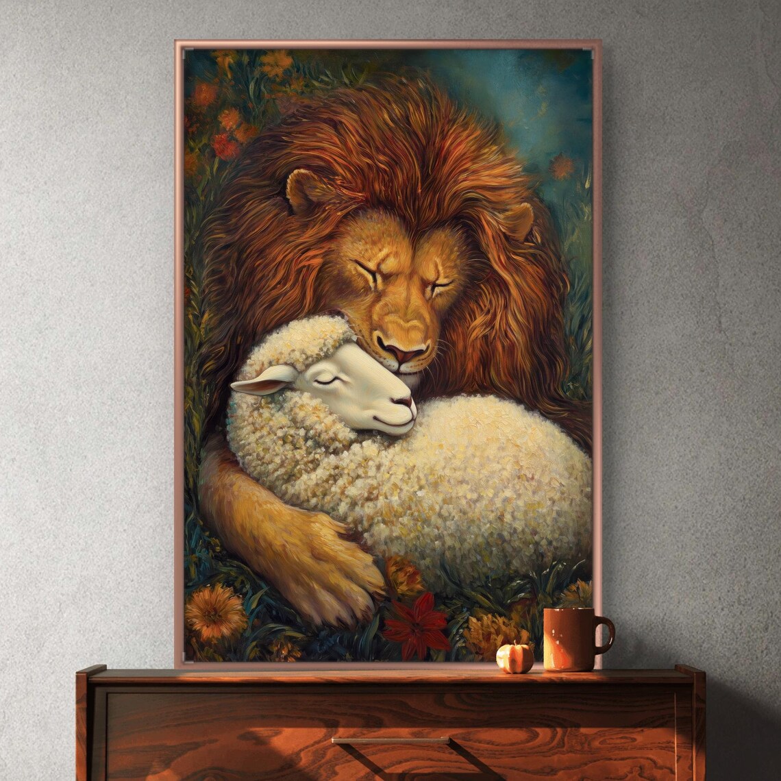 Lion And Lamb Embrace Symbolic Harmony Warm Floral Spiritual Wall Poster