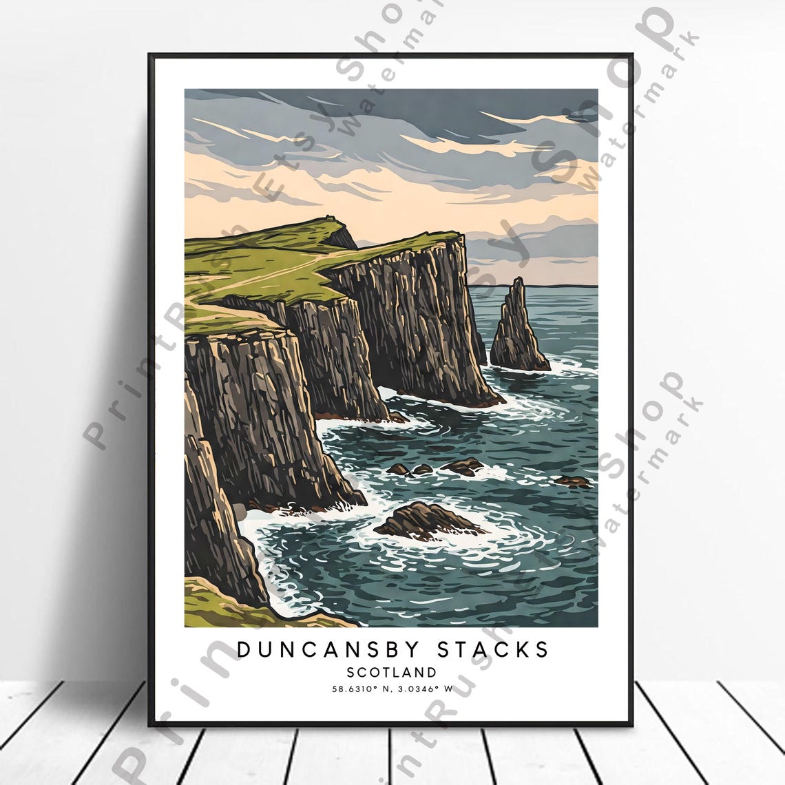 Duncansby Stacks Scotland Sea Cliffs Dramatic Coast Travel Poster