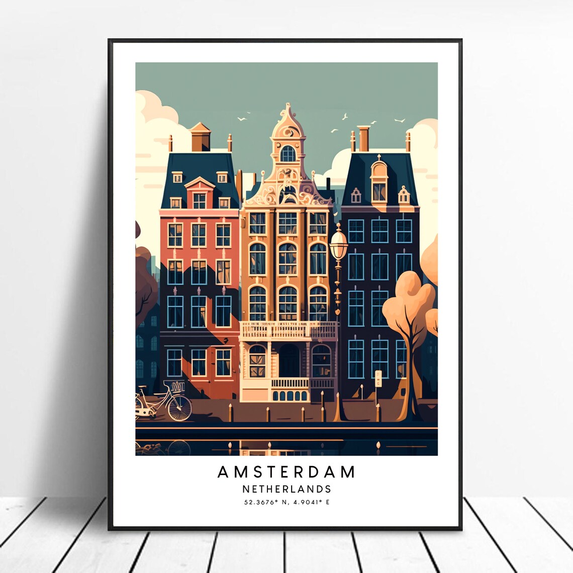 Amsterdam Netherlands Canal Houses Bicycle Evening Travel Poster