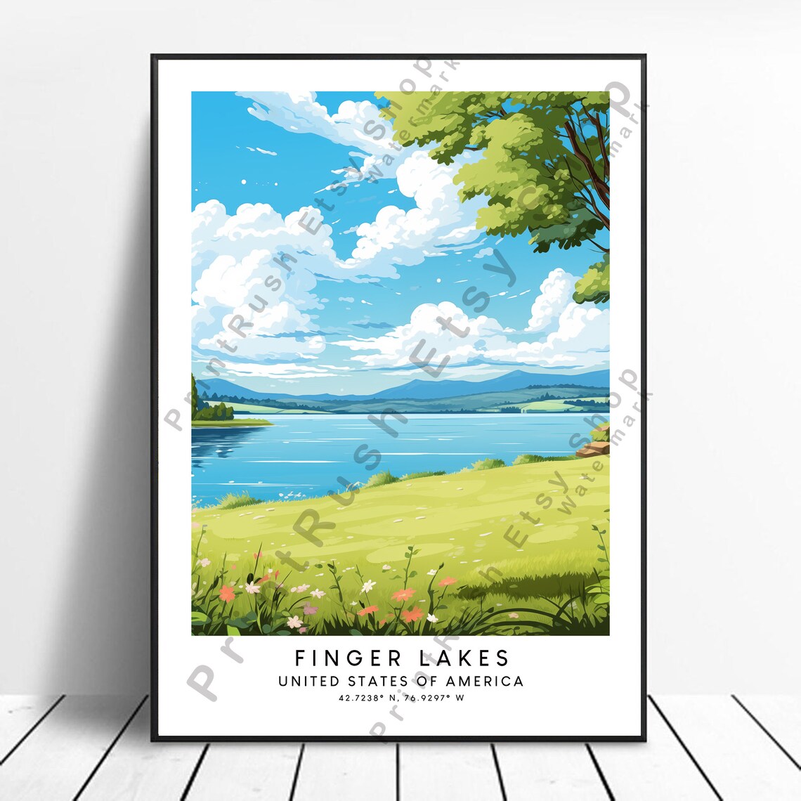 Finger Lakes USA Wildflower Meadow Lakeshore Scenic Travel Poster