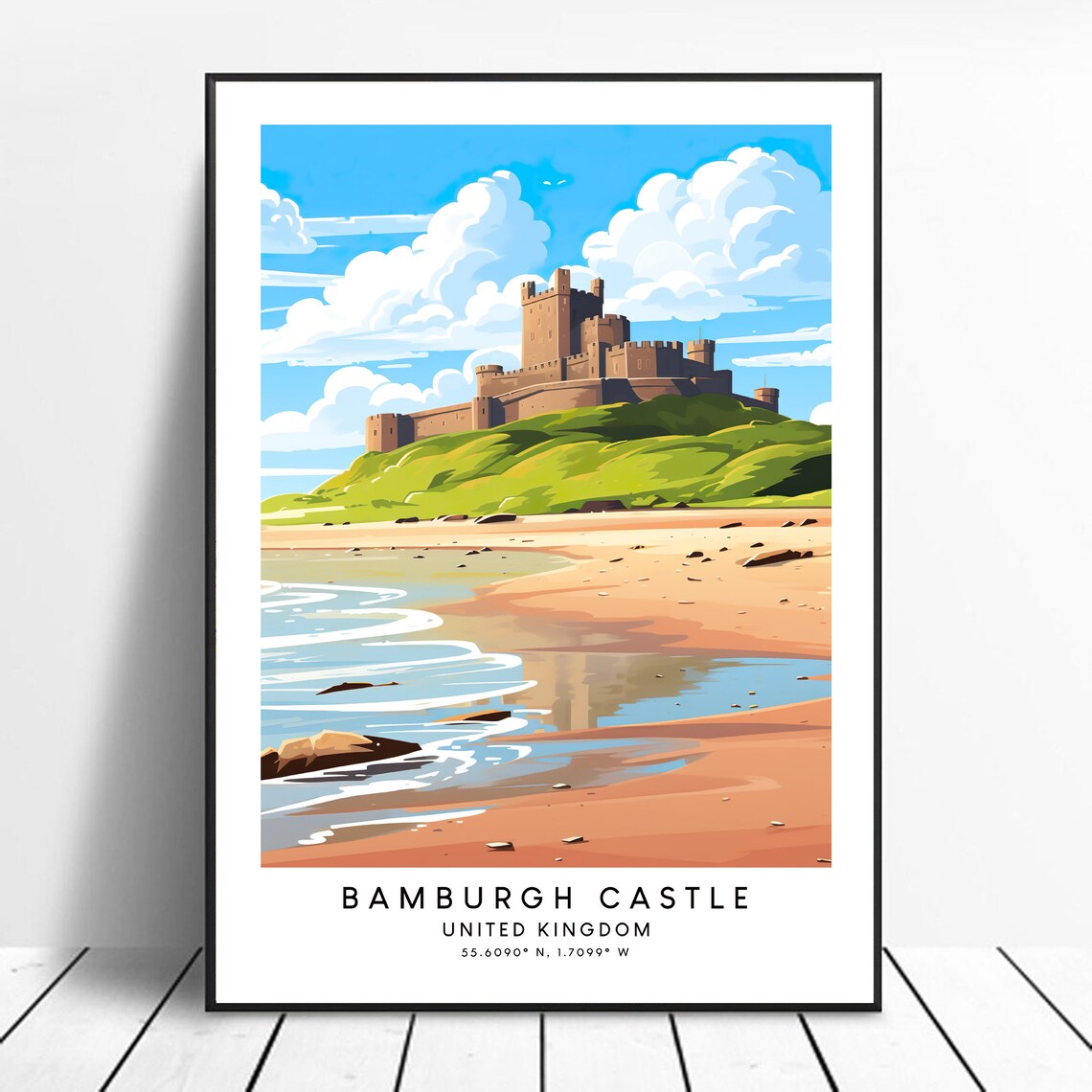 Bamburgh Travel Poster, Colourful Castle Wall Art