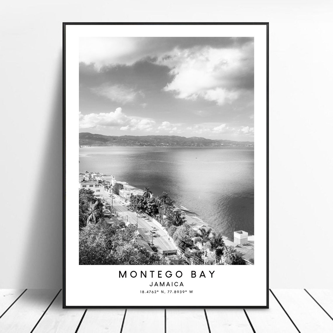 Montego Bay Coordinates, Minimalist Black and White Art Print