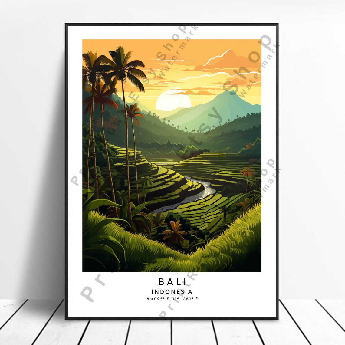 Bali Indonesia Rice Terraces Palms Volcano Sunset Travel Poster