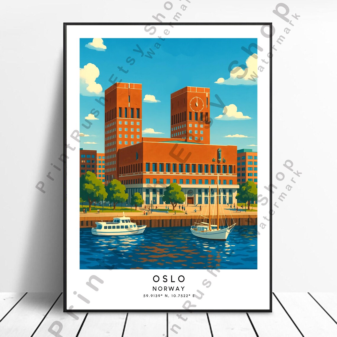 Oslo Norway City Hall Harbor Waterfront Vintage Travel Poster
