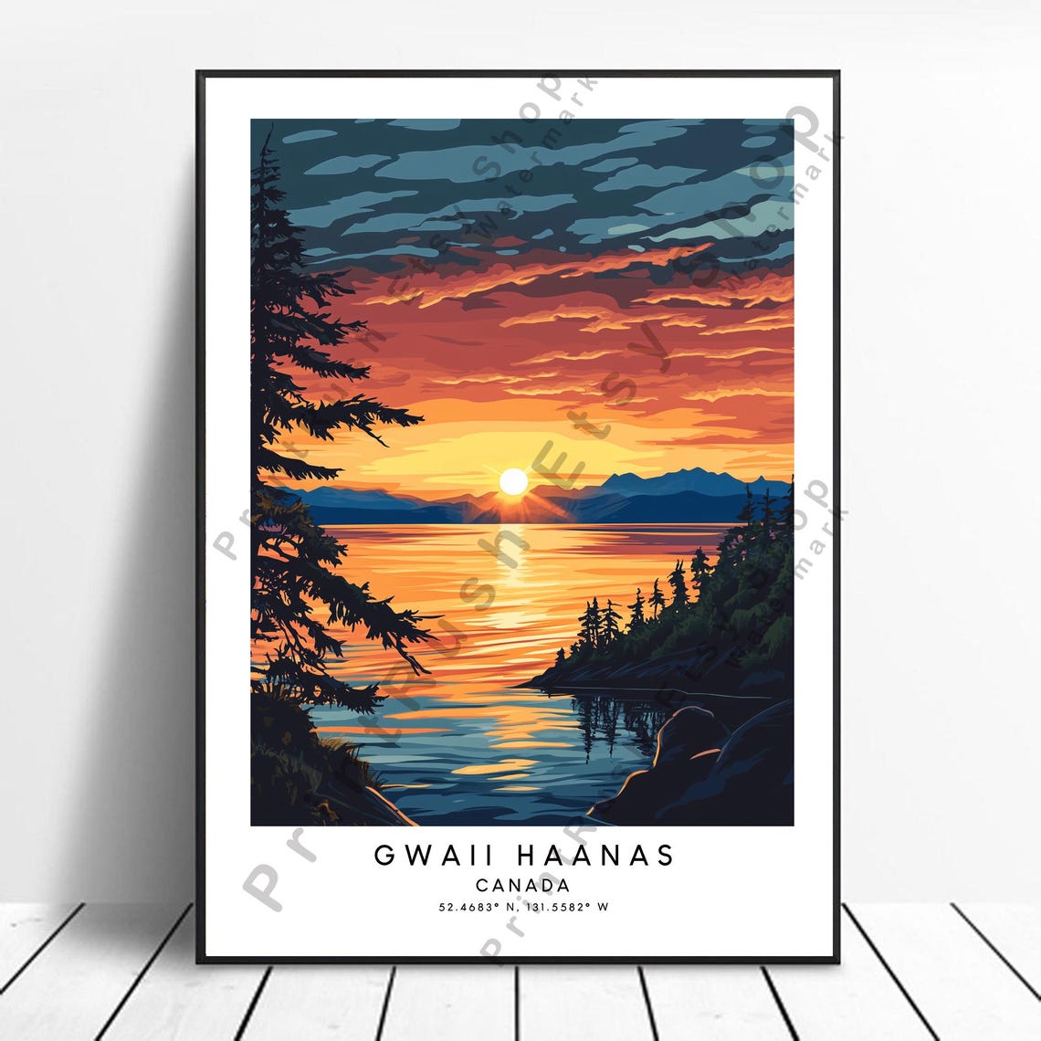 Gwaii Haanas Canada Sunset Over Water Fiery Orange Sky Poster