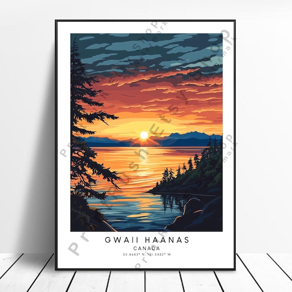 Gwaii Haanas Canada Sunset Over Water Fiery Orange Sky Poster