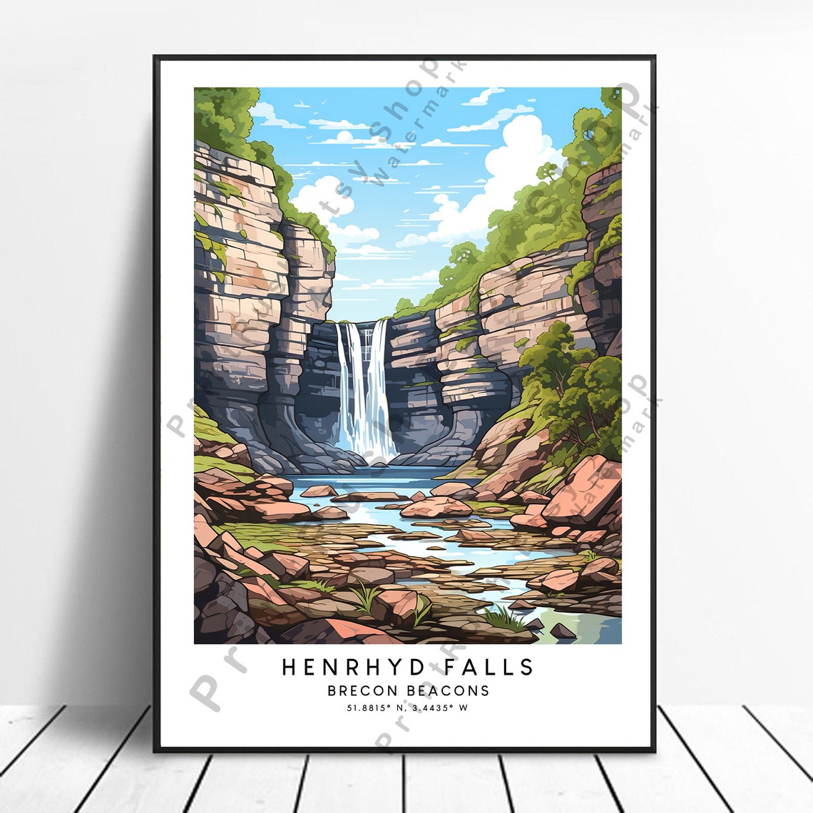 Henrhyd Falls Brecon Beacons Welsh Waterfall Canyon Travel Art Poster