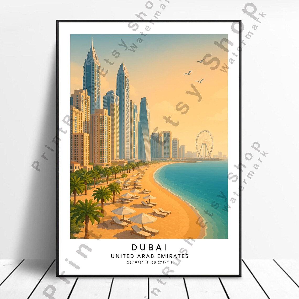 Dubai United Arab Emirates Beach Skyline Ferris Wheel Travel Poster