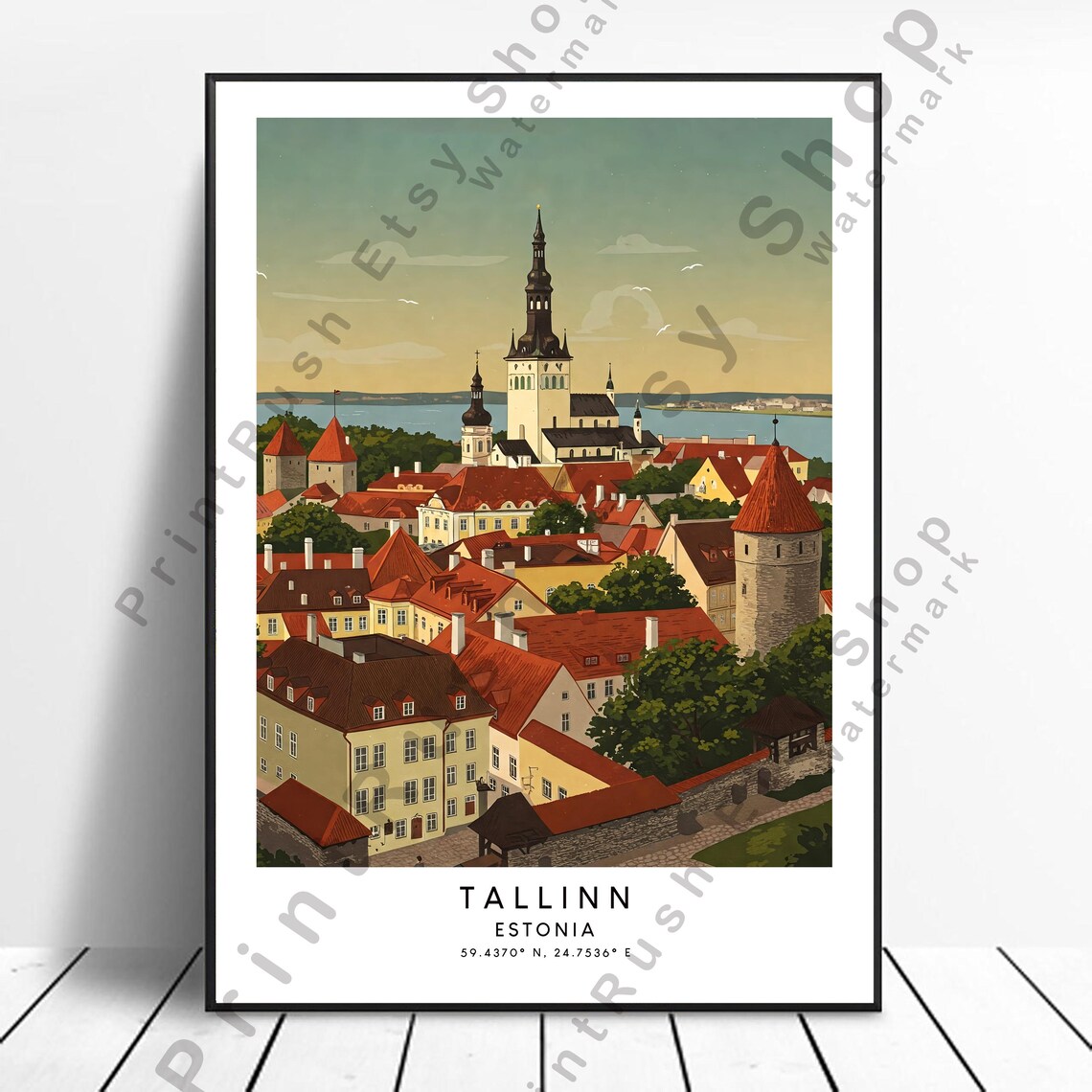 Tallinn Estonia Medieval Old Town Red Roofs Vintage Travel Poster