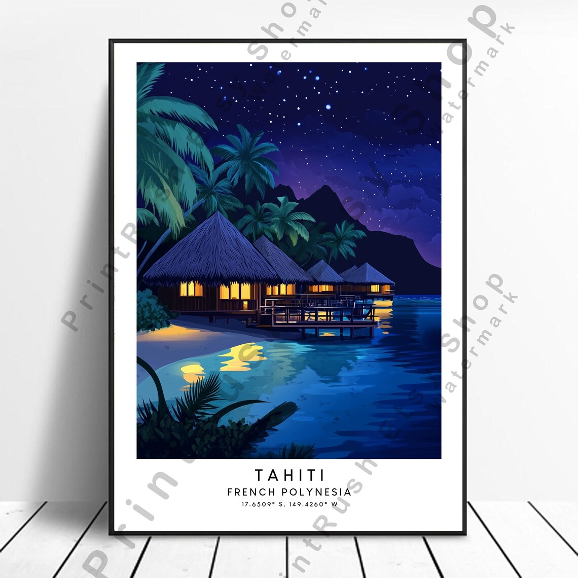 Tahiti French Polynesia Night Overwater Bungalows Starry Travel Poster