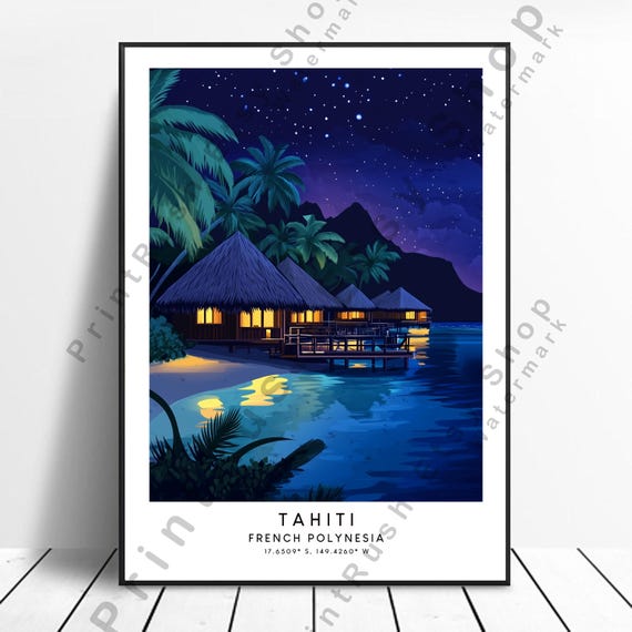 Tahiti Travel Print Home Decor Illustration Art French Polynesia Poster Wall Gift