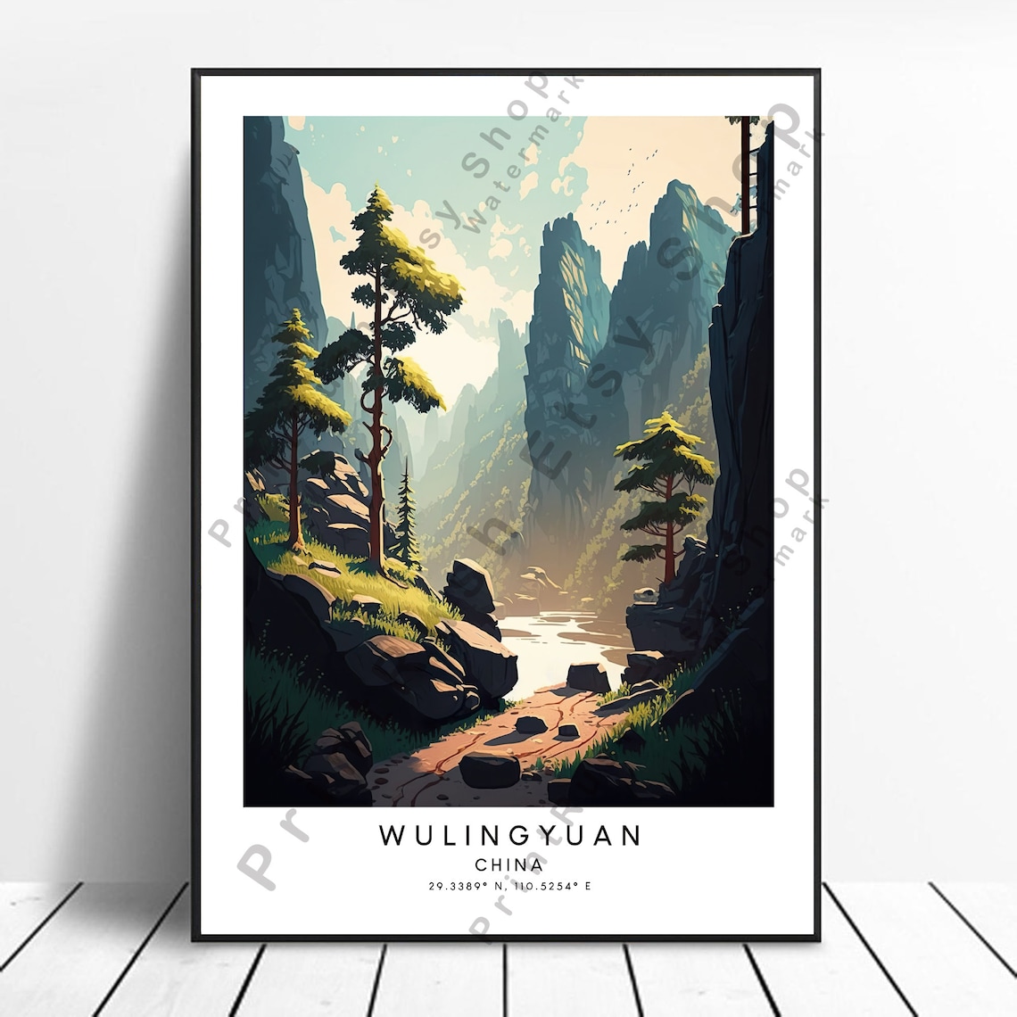 Wulingyuan China Stone Peaks River Colorful Travel Art Poster