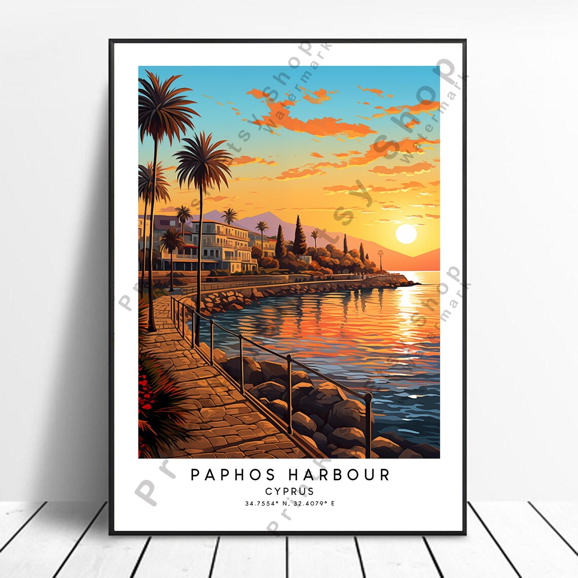 Paphos Travel Poster, Cyprus Harbour Wall Art