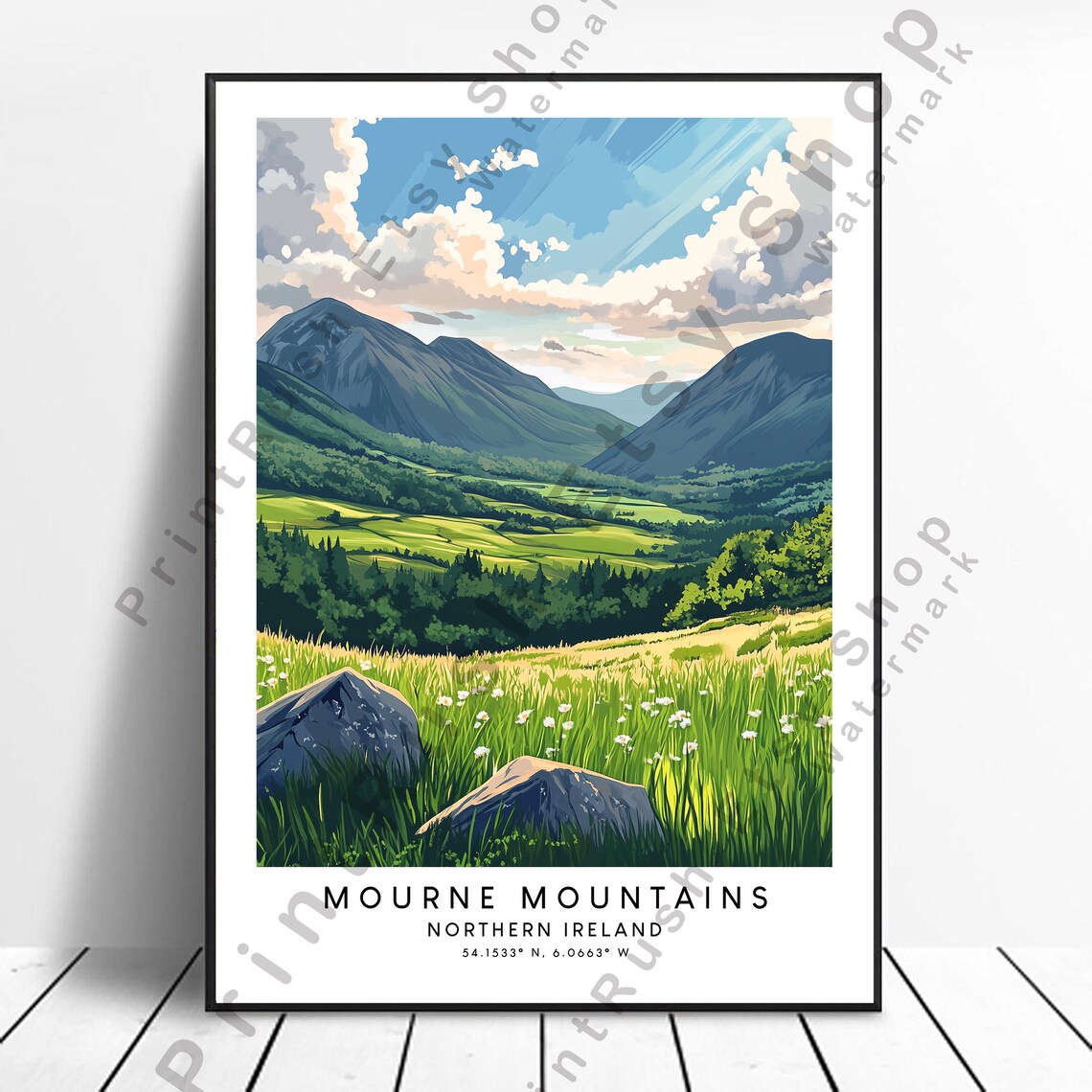 Mourne Mountains Northern Ireland Travel Poster, Illustration