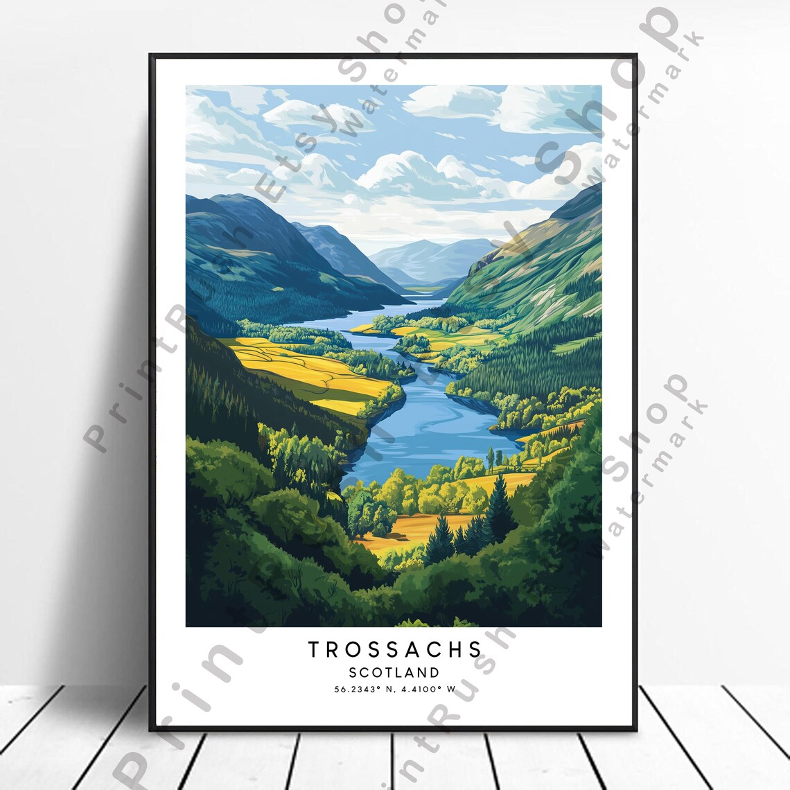 Trossachs Scotland Green Valley Loch Golden Fields Travel Poster