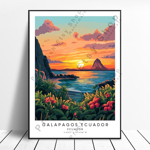 Galapagos Ecuador Island Sunset Volcano Vintage Travel Poster