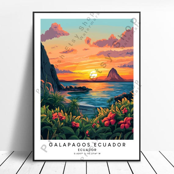 Galapagos Island Travel Print Ecuador Wall Art Hanging Poster Decor Colourful Gift