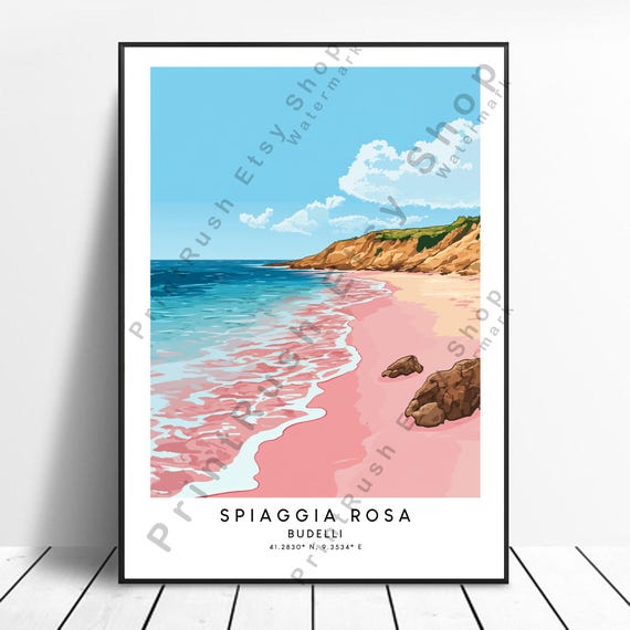 Budelli Italy Travel Print Colourful Spiaggia Rosa Poster Minimalist Wall Art Home Gift Hanging