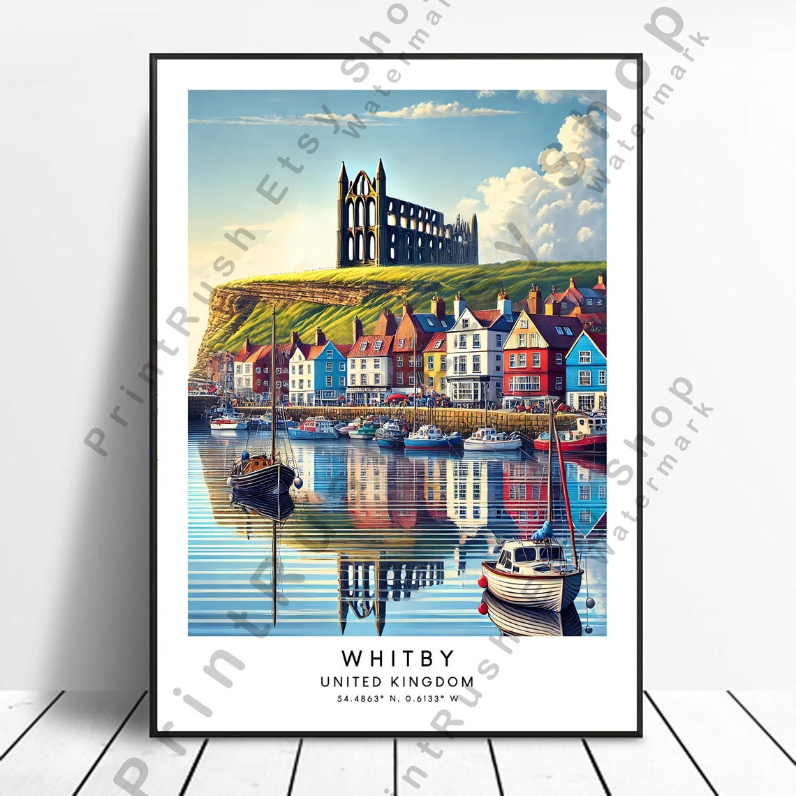 Whitby England Abbey Ruins Harbor Travel Illustration Poster