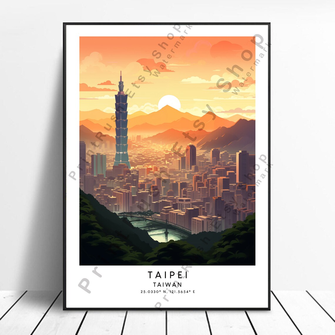 Taipei Taiwan Taipei 101 Sunset Skyline Vintage Travel Poster