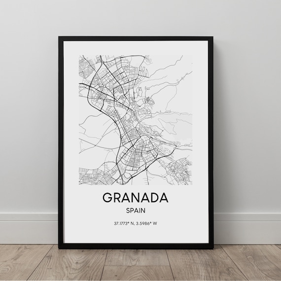 Granada City Map Print Black And White Poster Spain Travel Wall Art Dcor Gift