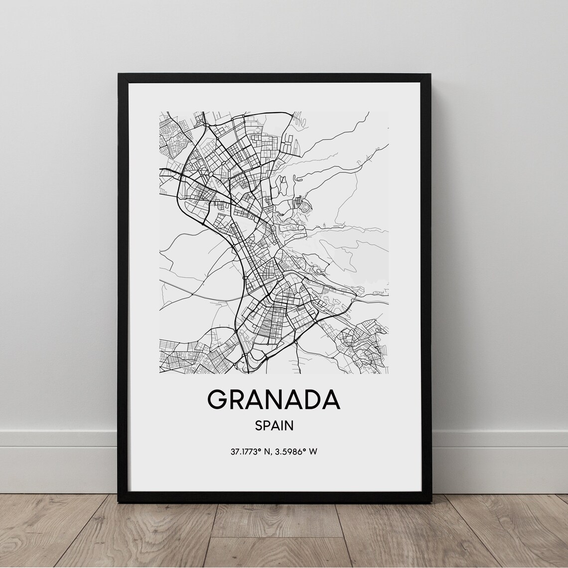 Granada City Map Print Black And White Poster Spain Travel Wall Art Dcor Gift