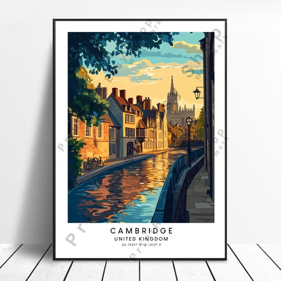 Cambridge Travel Print Wall Art Poster Home Decor England Illustration River Cam