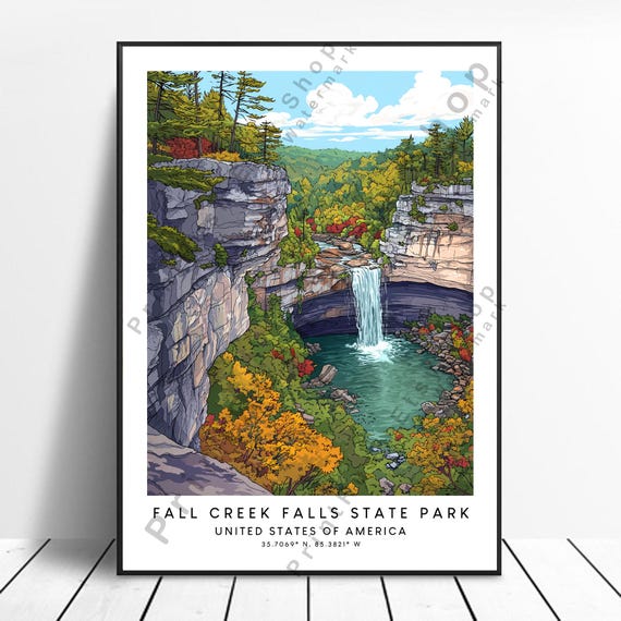 Fall Creek Falls State Park Travel Poster Illustration Art Dcor Print Wall Hanging Home Wallart Gift