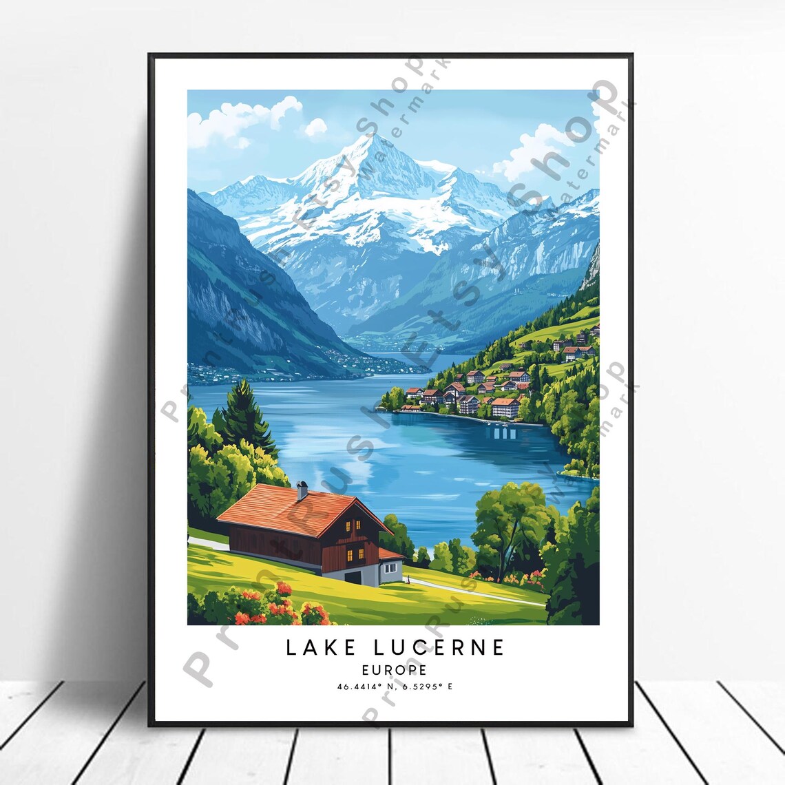 Lake Lucerne Europe Chalet Alpine Lake Snowy Peak Travel Art Poster