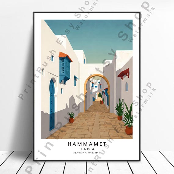 Hammamet Travel Print Illustration Art Tunisia Wall Dcor Artwork Poster Home North Africa Gift