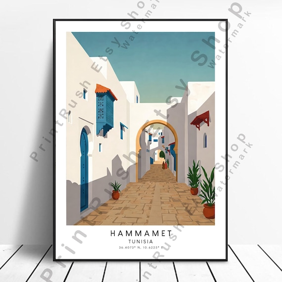 Hammamet Tunisia Travel Poster Medina Alley Illustration North Africa Art