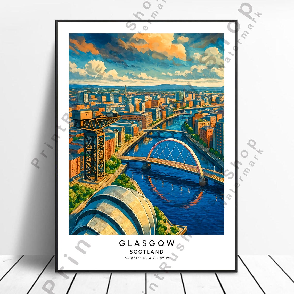 Glasgow Scotland River Clyde Sunset Cityscape Art Travel Poster