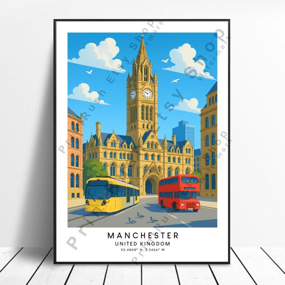 Manchester Travel Poster Illustration Art Print Wall Cityscape Artwork Hanging Gift