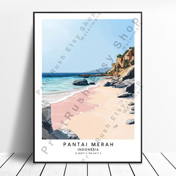 Indonesia Travel Print Colourful Pantai Merah Beach Wall Art Pink Poster Minimalist Illustration