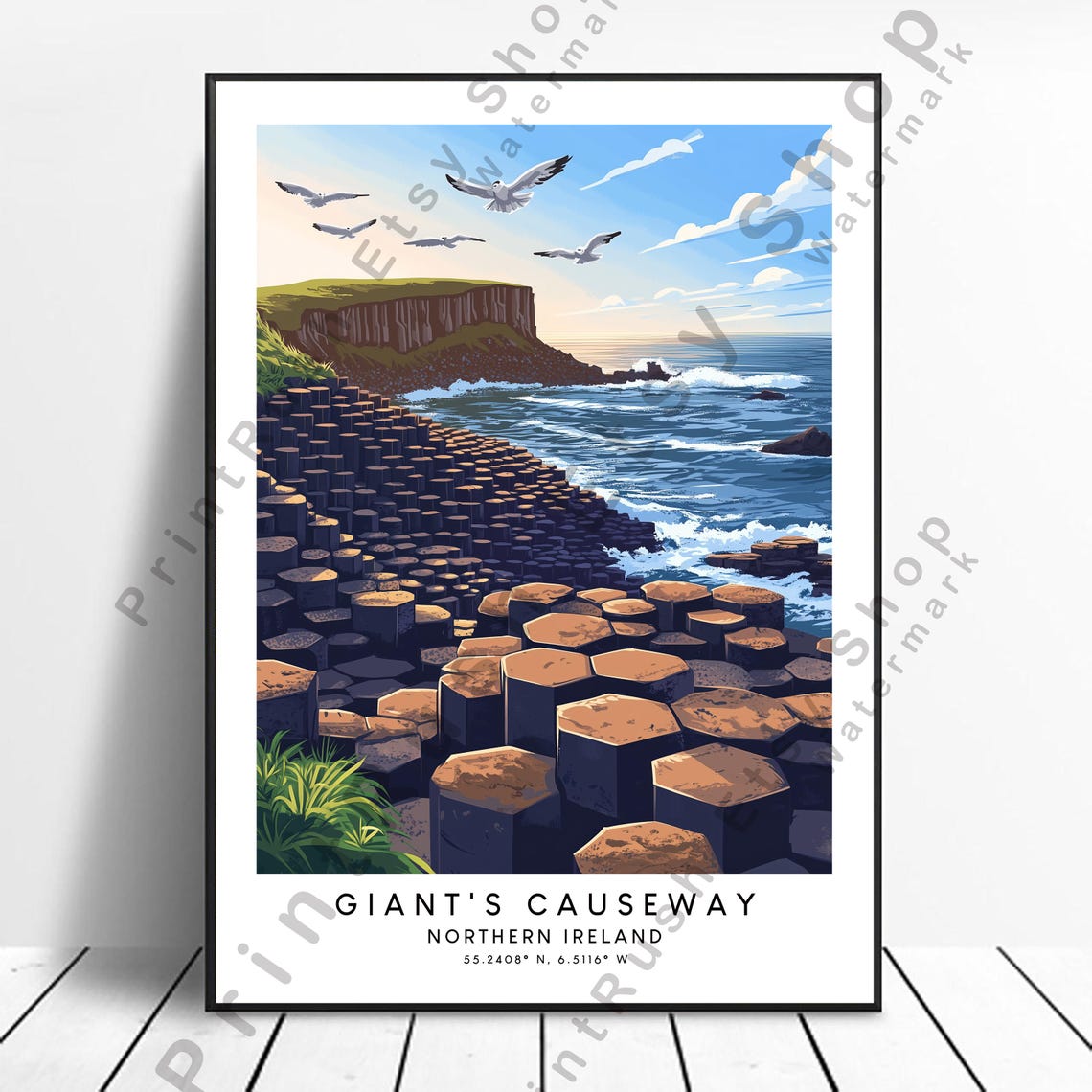 Giants Causeway Seagulls Over Ocean Hexagonal Rocks Travel Poster