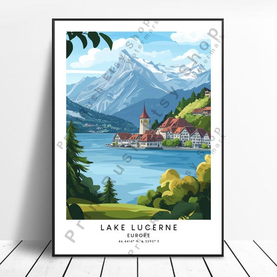 Switzerland Travel Print Lake Lucerne Poster Wall Art Home Dcor Illustration Gift