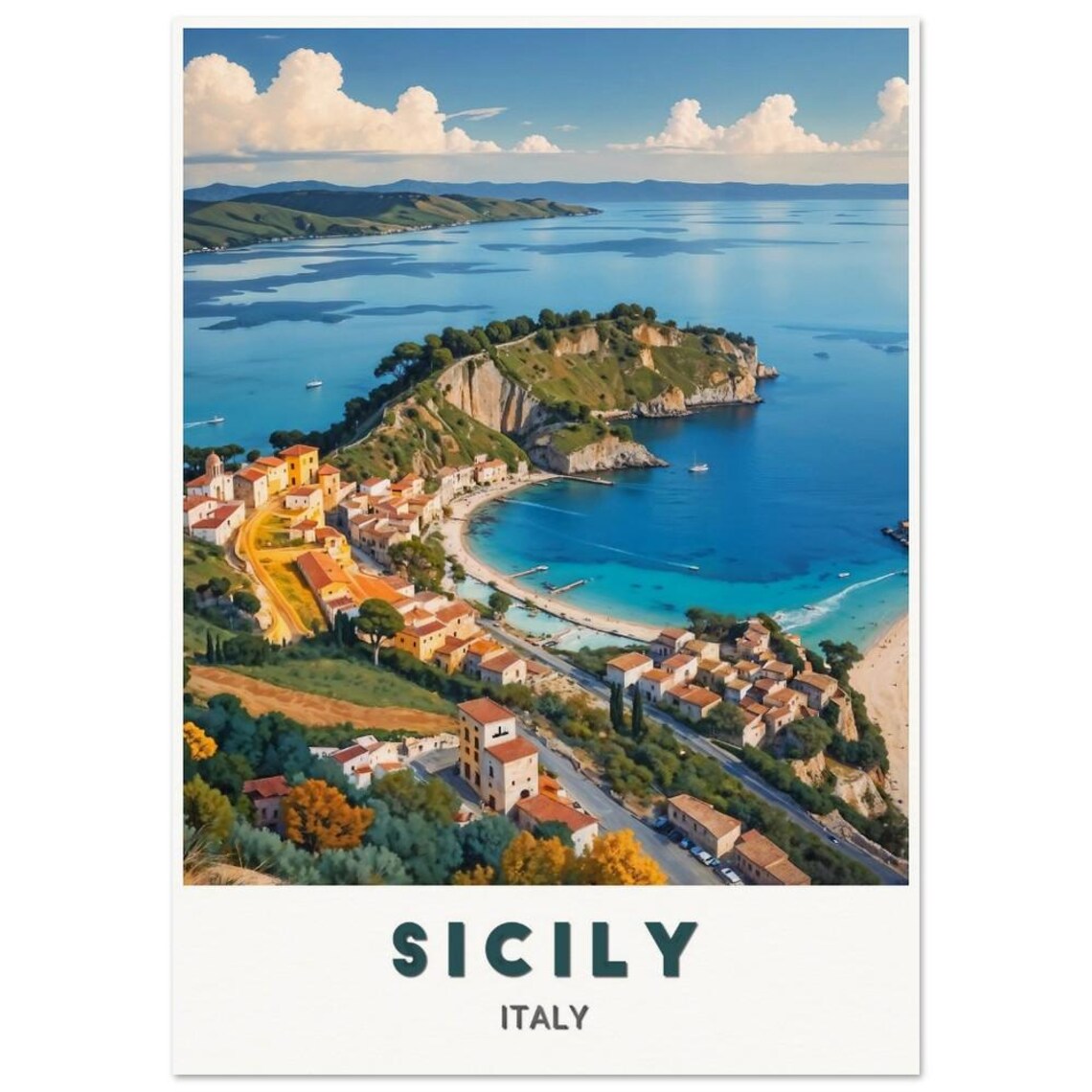 Sicily Italy Aerial Coastal Town Peninsula Azure Bays Poster