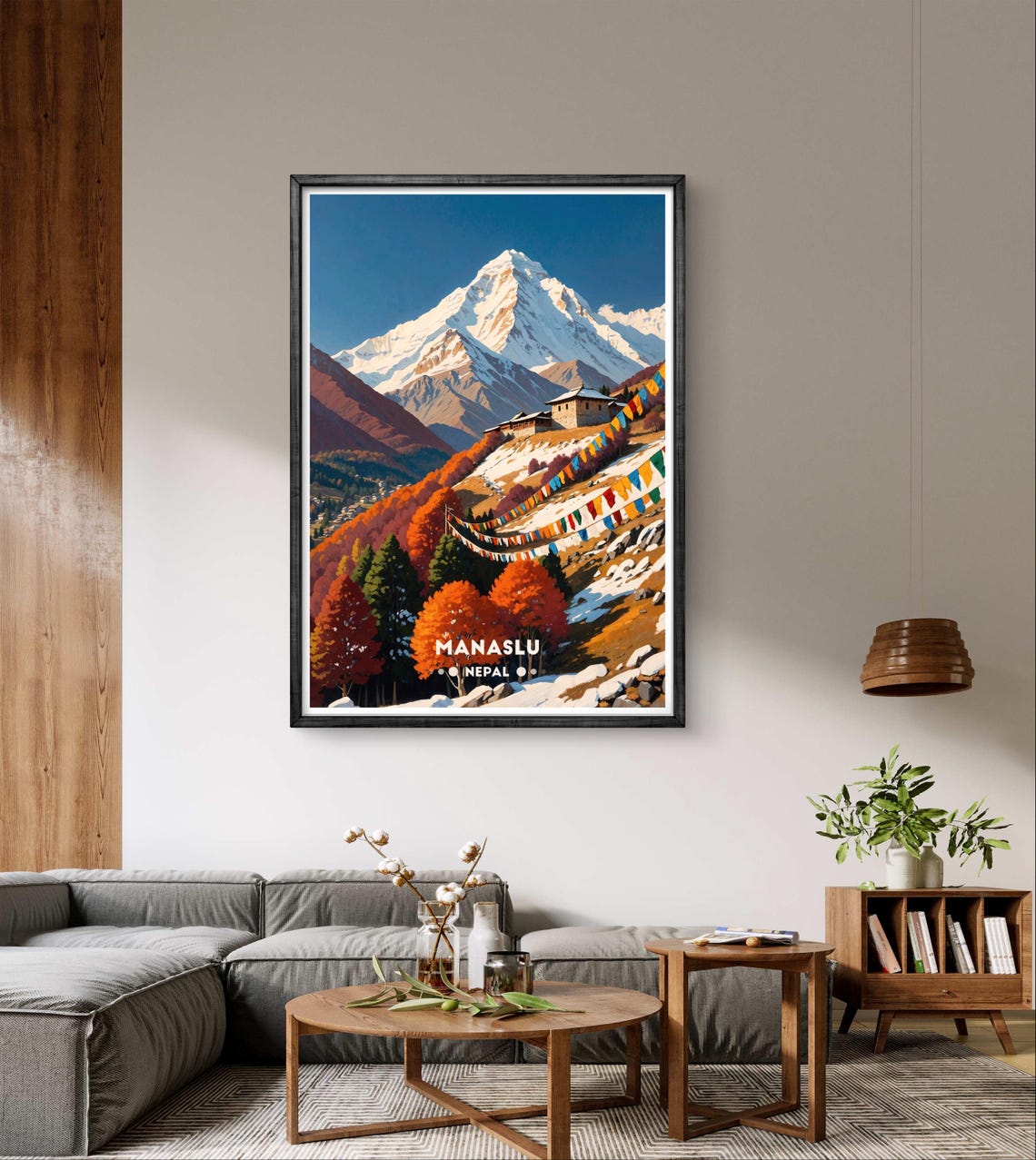 Manaslu Mountain Autumn Red Forest Prayer Flags Nepal Poster - Image 2