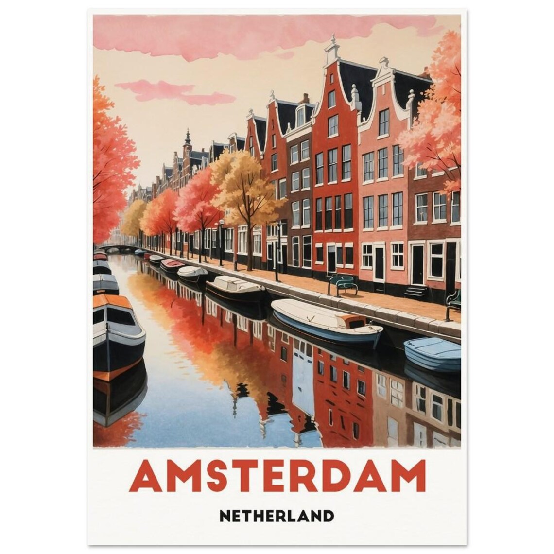 Amsterdam Netherlands Autumn Canal With Boats Watercolor Travel Poster - Image 3