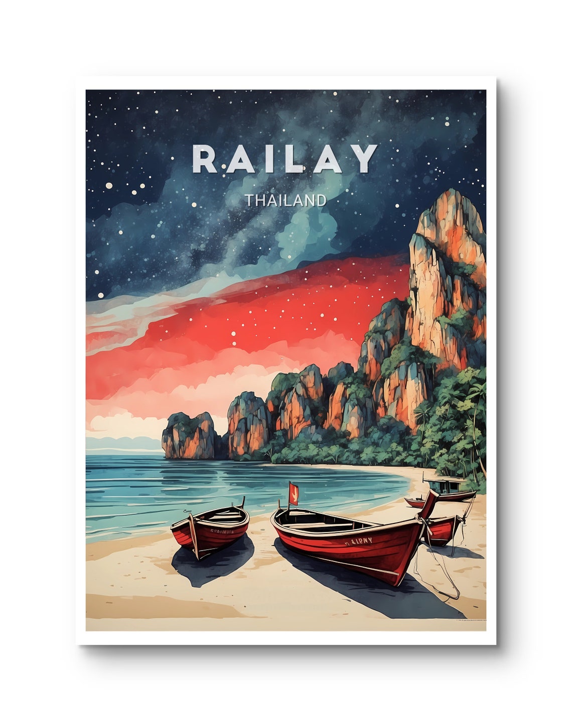 Railay Thailand Starry Night Beach Boats Limestone Cliffs Poster - Image 2