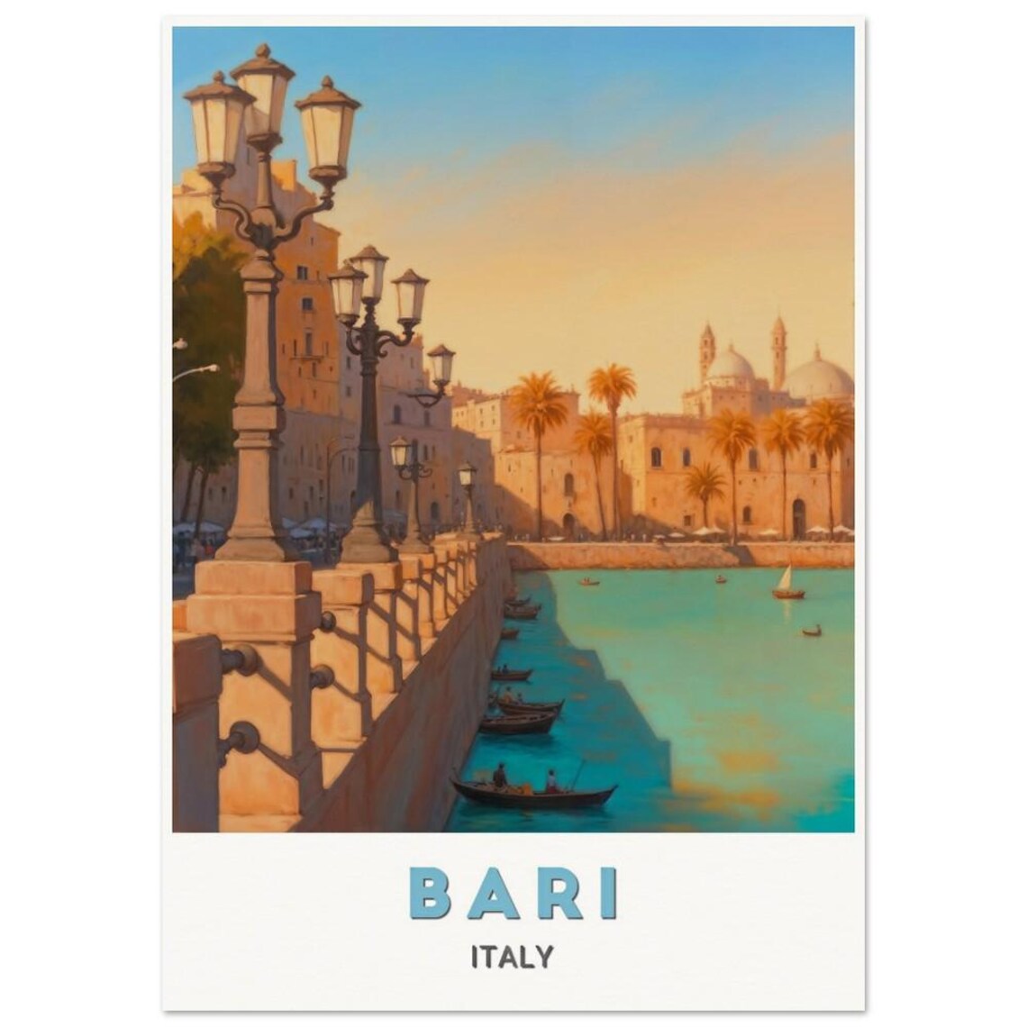 Bari Italy Harbor Promenade Sunset Boats Waterfront Photo Travel Poster