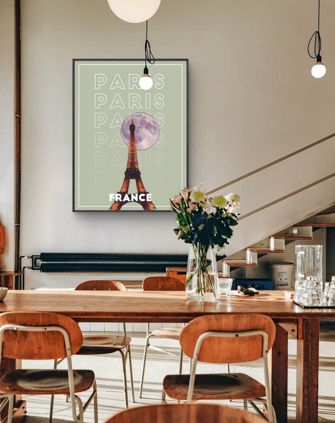 Paris France Eiffel Tower Full Moon Night Sky Typography Poster - Image 2