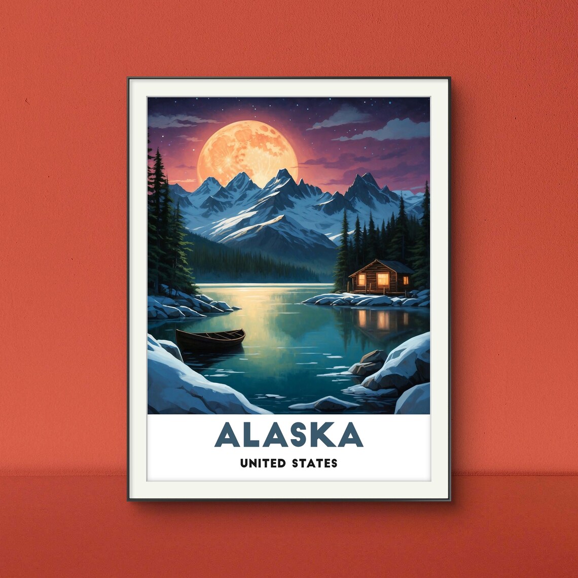 Alaska United States Moonlit Lake Cabin With Snowy Peaks Travel Poster