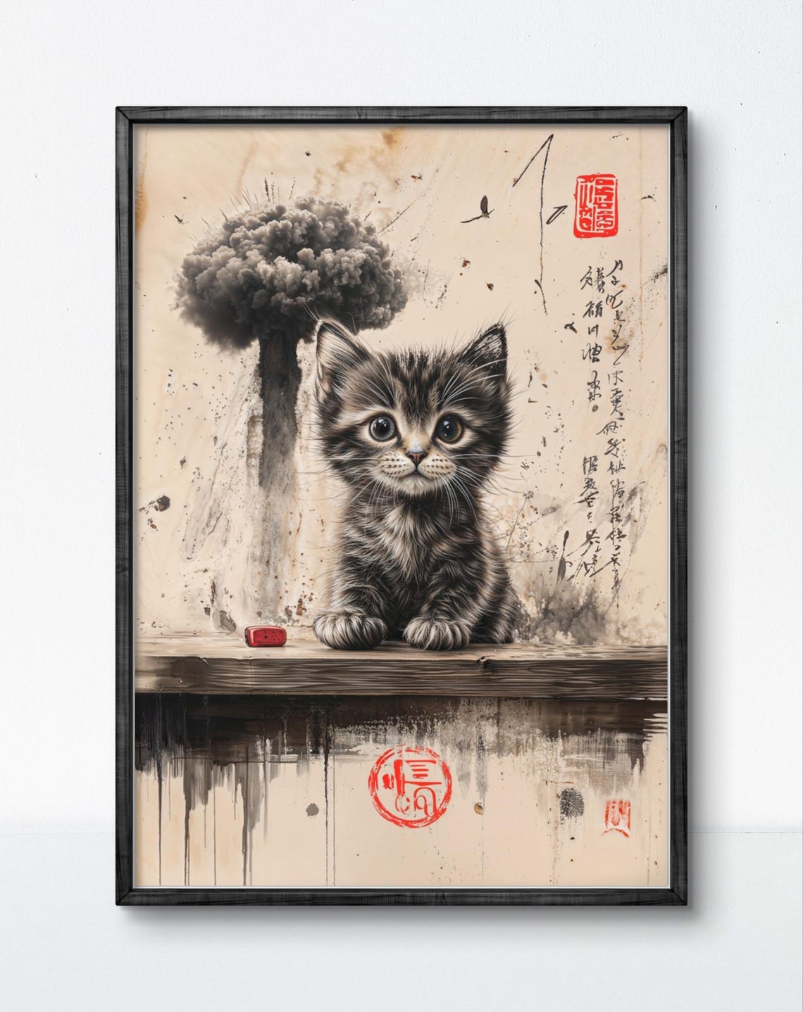 Kitten With Nuclear Cloud Surreal Japanese Ink Art Wall Poster