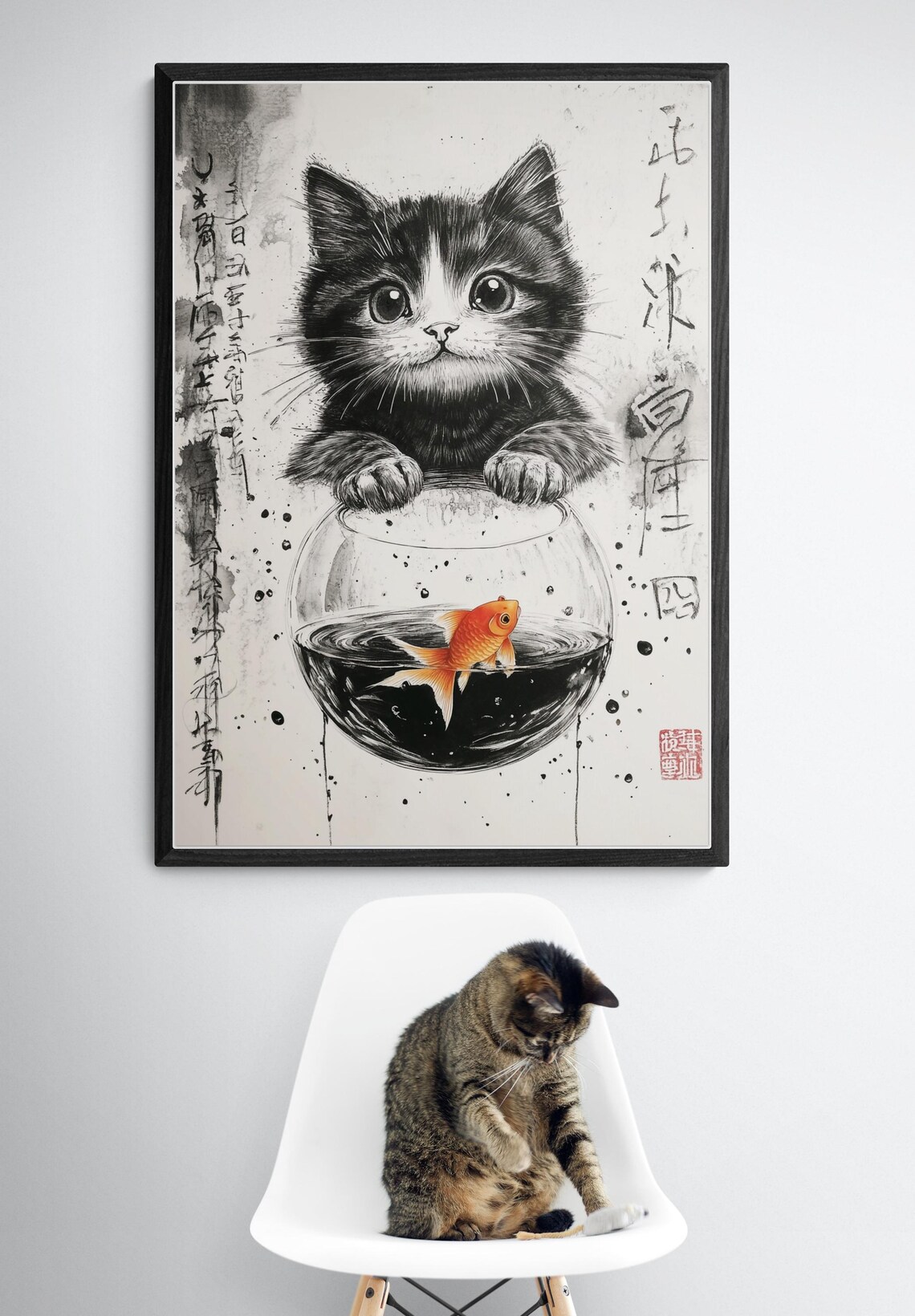 Kitten With Goldfish Bowl Japanese Ink Wash Cute Feline Poster - Image 3